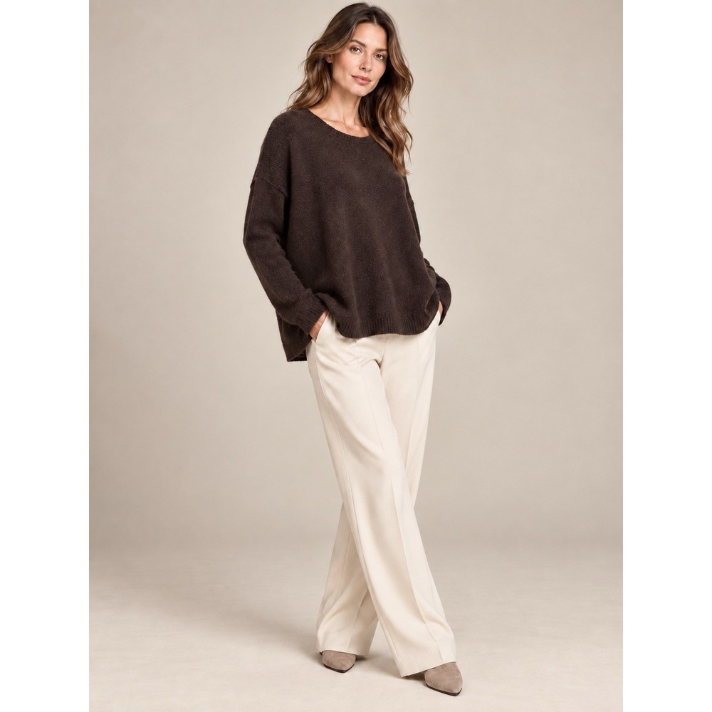 360 Cashmere Women's Brown Oversized Striped Back Crewneck Sweater